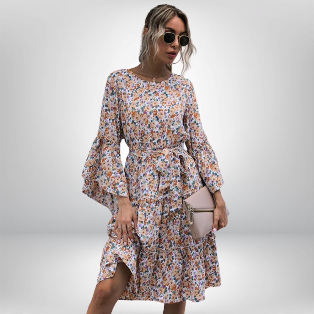 Aada - Stunning Floral Long-Sleeved Dress with a Tiered Skirt and Chic Belted Waist