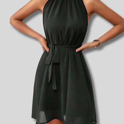 Chic Elegance - Women's Sleeveless Mini Dress with Round Neck and Stylish Buttoned Belt