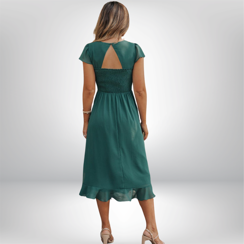 Helene - Elegant Sweetheart Neck Ruffled Midi Dress with Shirred Detail
