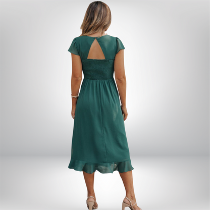 Helene - Elegant Sweetheart Neck Ruffled Midi Dress with Shirred Detail