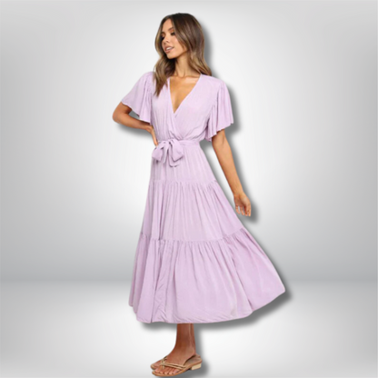 Chic Bohemian Midi Dress with V-Neck and Flowy Tiered Skirt