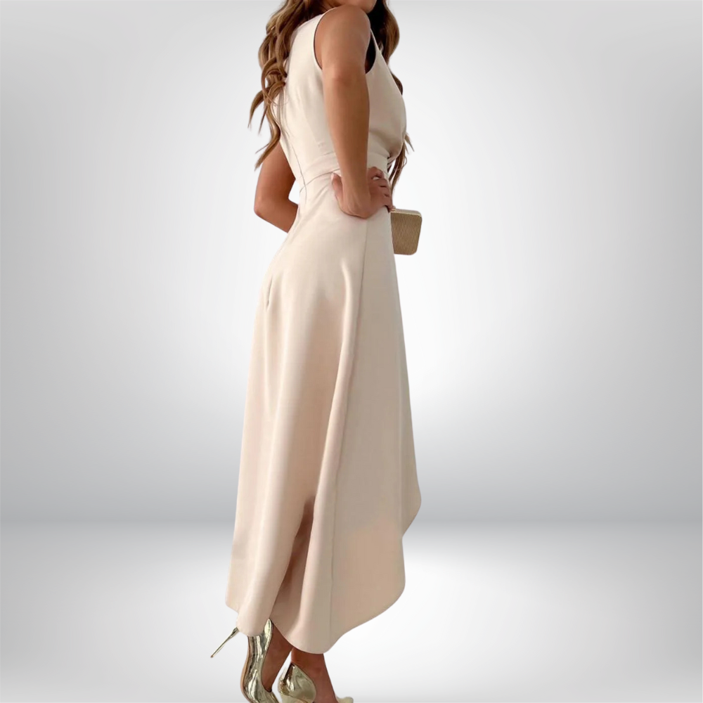 Marie - Elegant V Neck Frill Midi Dress with Chic Slit