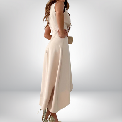 Marie - Elegant V Neck Frill Midi Dress with Chic Slit