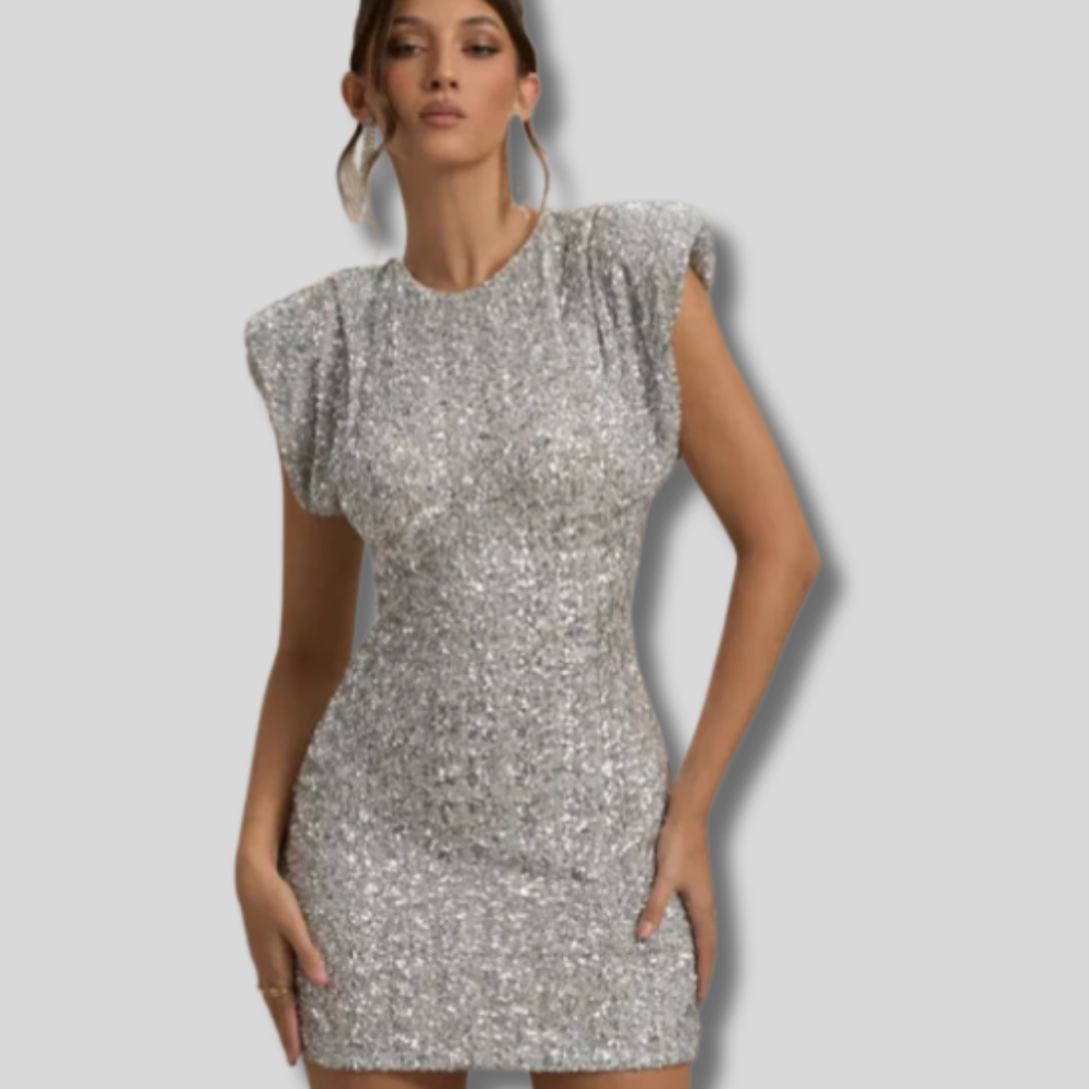 Chic Winter Mini Dress with Shoulder Pads and Sparkling Sequins for Women