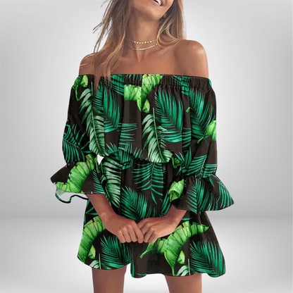 Elisa - Boho Chic Off-the-Shoulder Dress with Leaf Print
