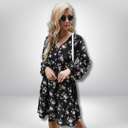 Felicia - Stunning Floral V-Neck Mini Dress with Long Sleeves and Figure-Flattering Cinched Waist