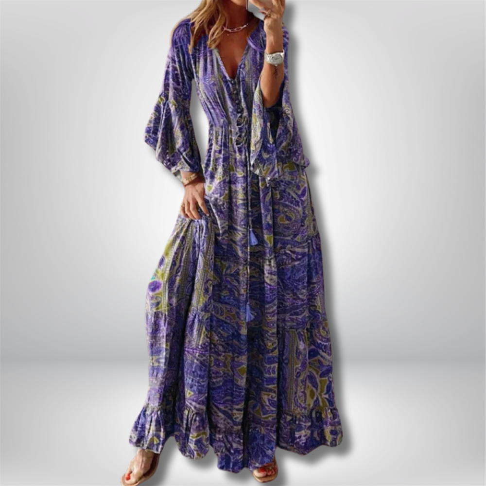 Boho Chic Maxi Dress by Erja – Stunning Paisley Print and Elegant Trumpet Sleeves