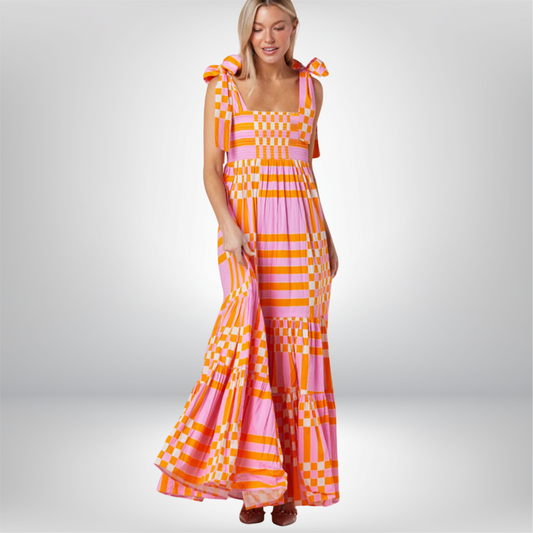 Johanna - Stunning Boho Gingham Smocked Maxi Dress with Elegant Tied Straps