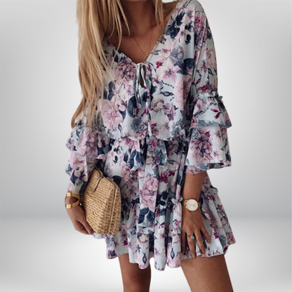 Ella - Enchanting Floral Chiffon Dress with Elegant V-Neck and Charming Ruffle Sleeves