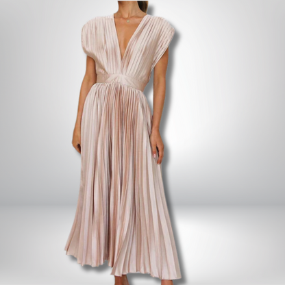 Aria - Elegant V-Neck Maxi Dress with Chic Pleats