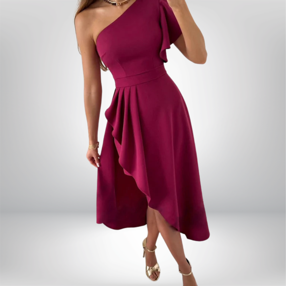 Elli - Elegant One-Shoulder Ruffled Midi Dress with Stylish Asymmetrical Hem