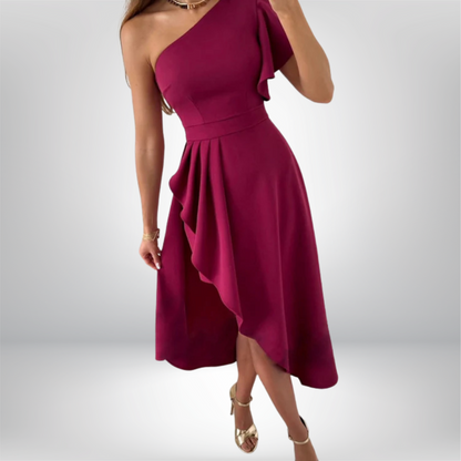Elli - Elegant One-Shoulder Ruffled Midi Dress with Stylish Asymmetrical Hem