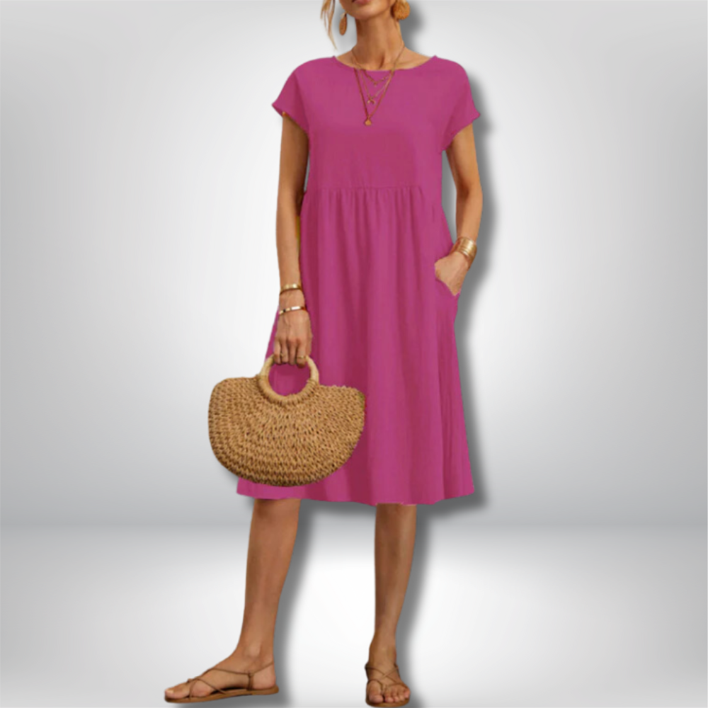 Essi - Chic A-Line Dress with Round Neck and Short Sleeves in Elegant Solid Print