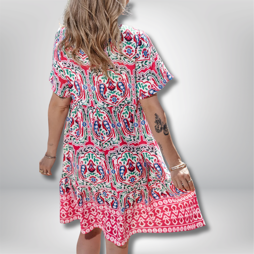 Rebecka - Stylish Bohemian Print Dress with Chic Tie Neck and Ruffled Hem