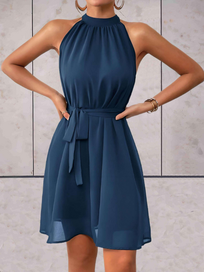 Chic Elegance - Women's Sleeveless Mini Dress with Round Neck and Stylish Buttoned Belt