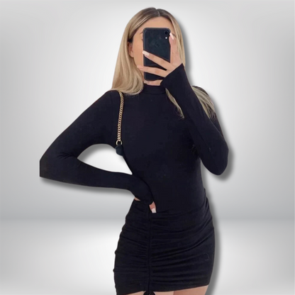 Jany - Chic High Neck Mini Dress in Solid Color