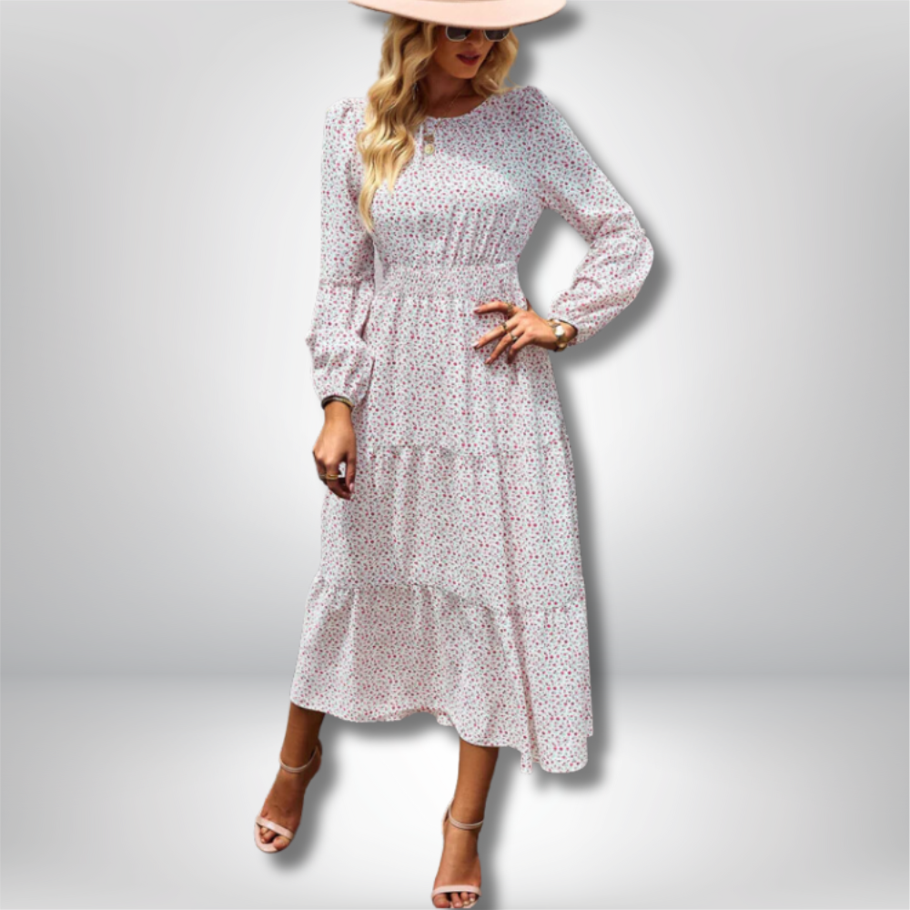 Siv - Elegant Floral Midi Dress with Tiered Skirt and Flattering Fitted Waist