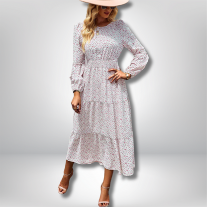 Siv - Elegant Floral Midi Dress with Tiered Skirt and Flattering Fitted Waist