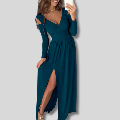 Celeste - Elegant Long Slit Dress with Unique Hollow Shoulder Design