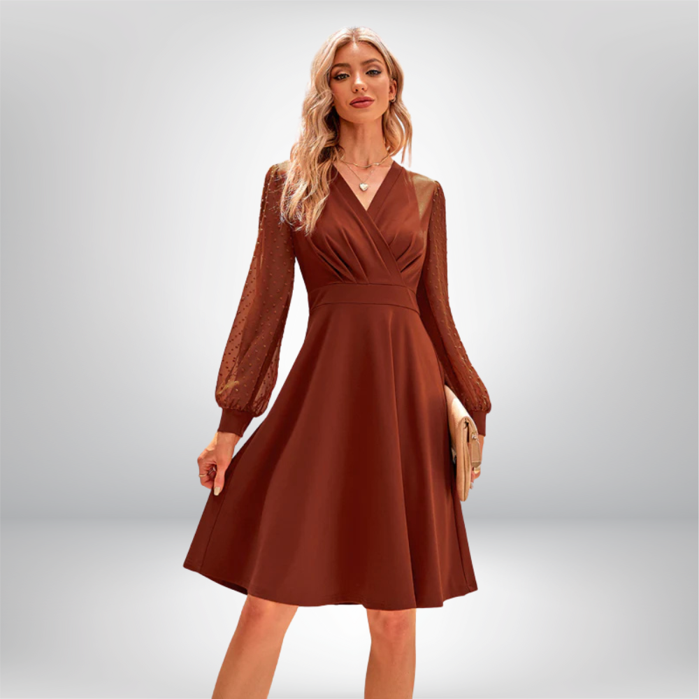 Elja - Chic V-Neck Dress Featuring Delicate Polka Dot Sheer Sleeves and a Flattering Flared Skirt