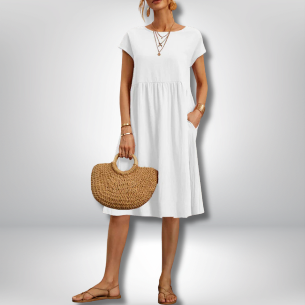 Essi - Chic A-Line Dress with Round Neck and Short Sleeves in Elegant Solid Print
