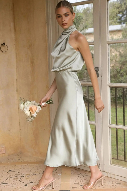 Lisanne | Elegant Women's Maxi Dress with Flattering Elastic Waist and Luxurious Satin Neck Drape