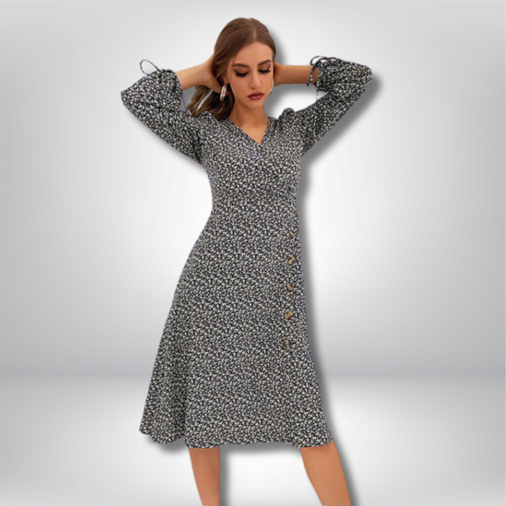 Elegantly Chic Elsa Floral V-Neck Dress with Stylish Button-Down Slit Detail