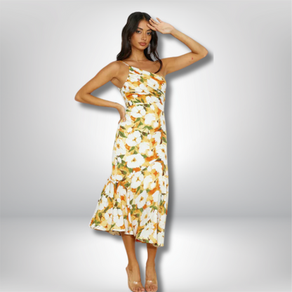 Enni - Stunning Asymmetrical Floral Midi Dress with Elegant Fishtail Hem