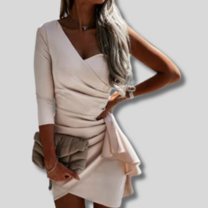 Chic One-Shoulder Mini Party Dress with V-Neck and Stunning Ruffles