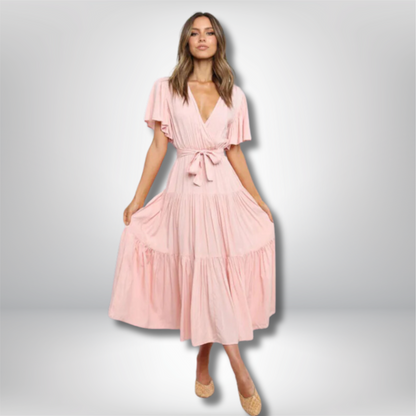 Chic Bohemian Midi Dress with V-Neck and Flowy Tiered Skirt