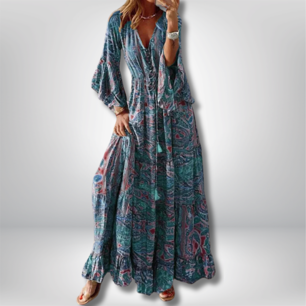 Boho Chic Maxi Dress by Erja – Stunning Paisley Print and Elegant Trumpet Sleeves