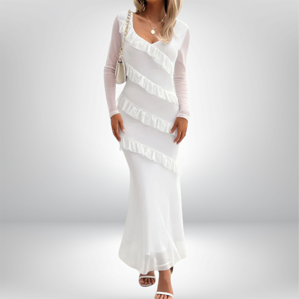 Aira - Elegant V-Neck Maxi Dress with Flattering Ruffle Sleeves