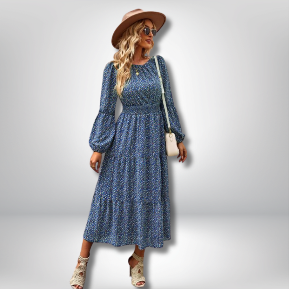 Siv - Elegant Floral Midi Dress with Tiered Skirt and Flattering Fitted Waist