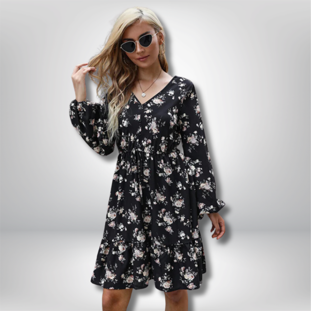 Felicia - Stunning Floral V-Neck Mini Dress with Long Sleeves and Figure-Flattering Cinched Waist