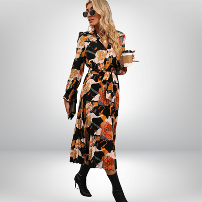 Aamu - Chic Floral Midi Dress with Pleated Design and Stylish Tie Waist