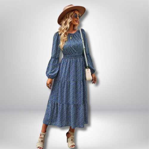 Siv - Elegant Floral Midi Dress with Tiered Skirt and Flattering Fitted Waist