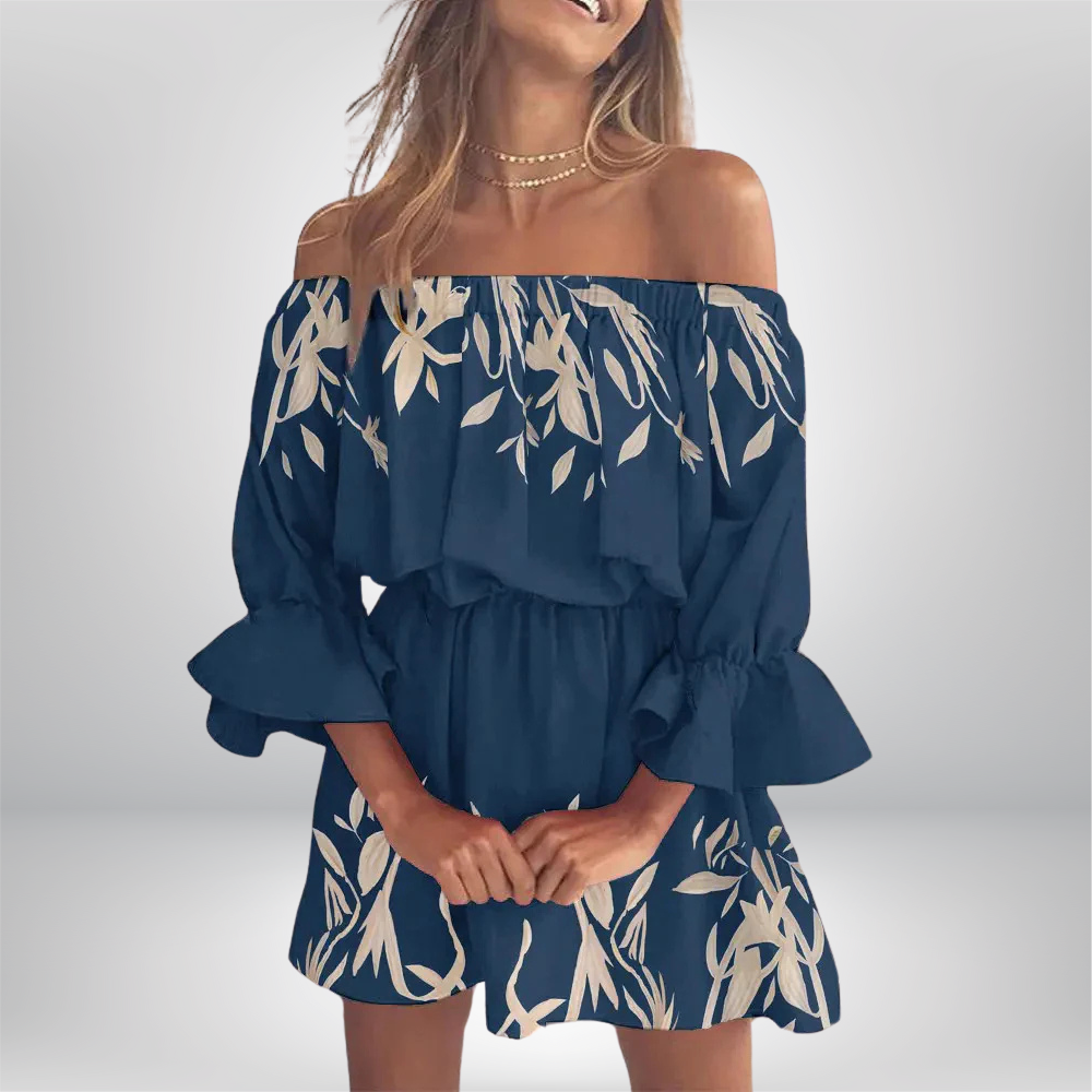 Elisa - Boho Chic Off-the-Shoulder Dress with Leaf Print