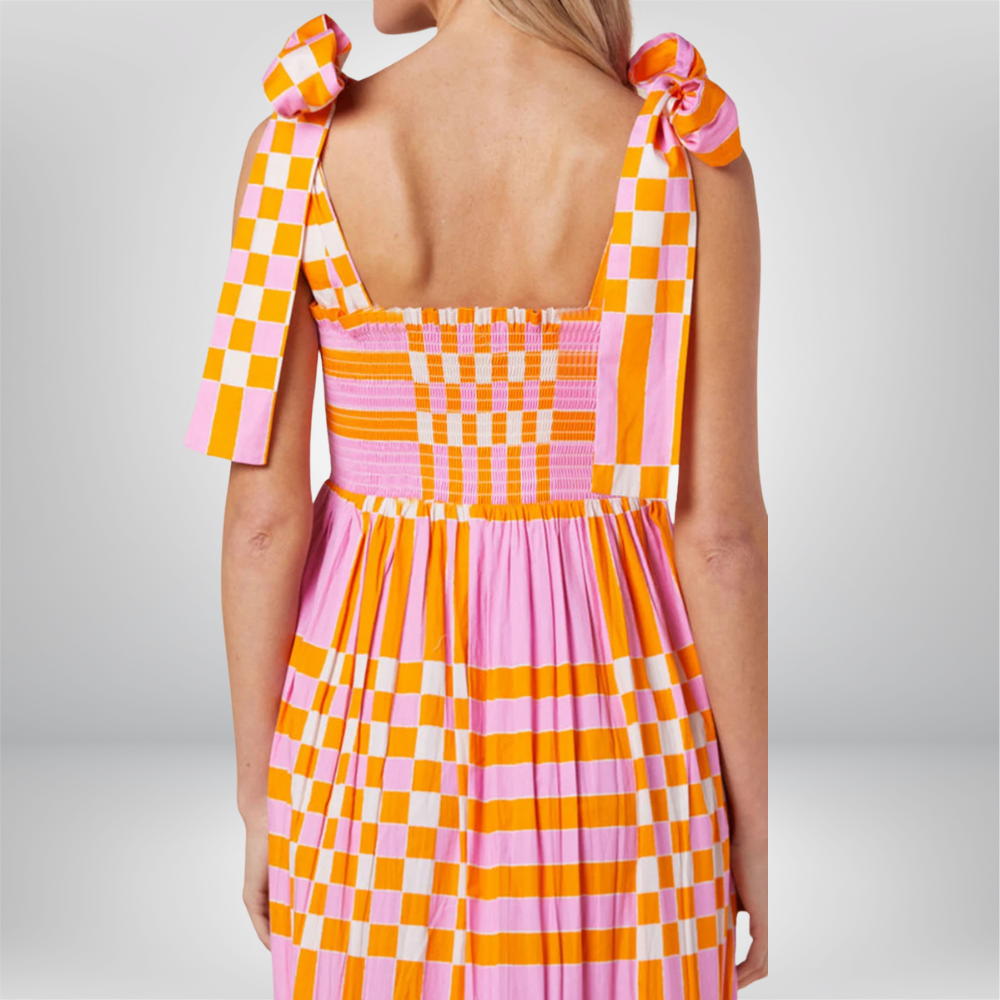 Johanna - Stunning Boho Gingham Smocked Maxi Dress with Elegant Tied Straps
