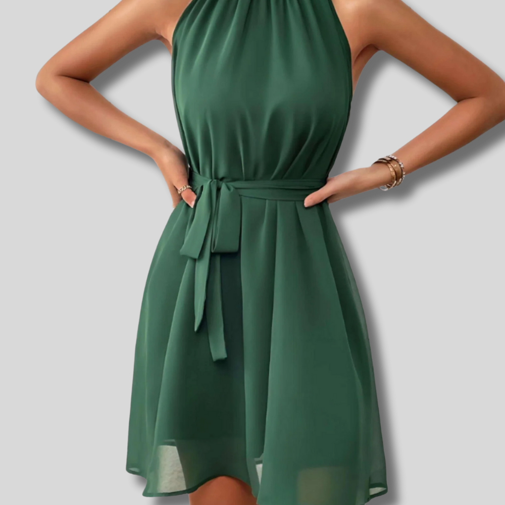 Chic Elegance - Women's Sleeveless Mini Dress with Round Neck and Stylish Buttoned Belt