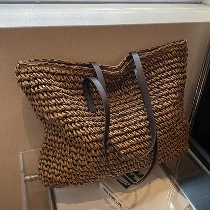 Stylish Woven Tote Bag with Elegant Leather Straps