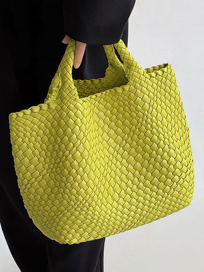 Chic Solid Colour Woven Tote Bag - Spacious PU Leather Elegance