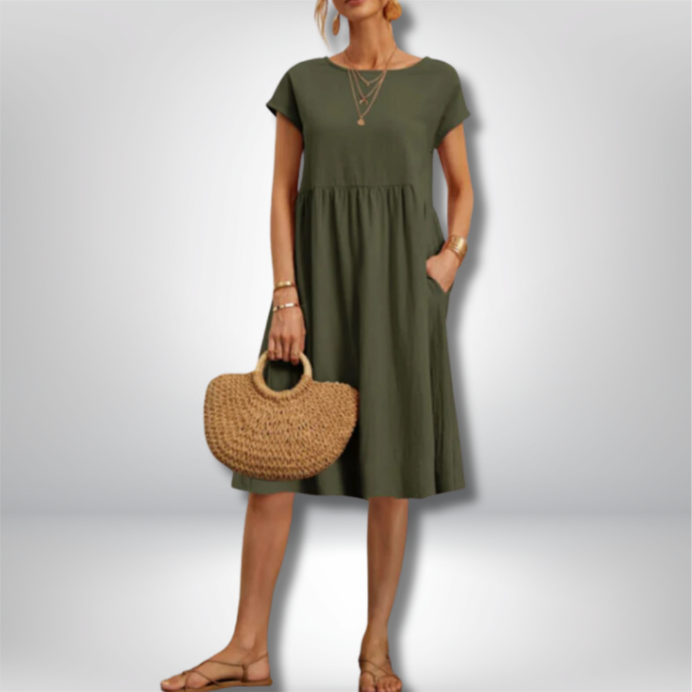 Essi - Chic A-Line Dress with Round Neck and Short Sleeves in Elegant Solid Print