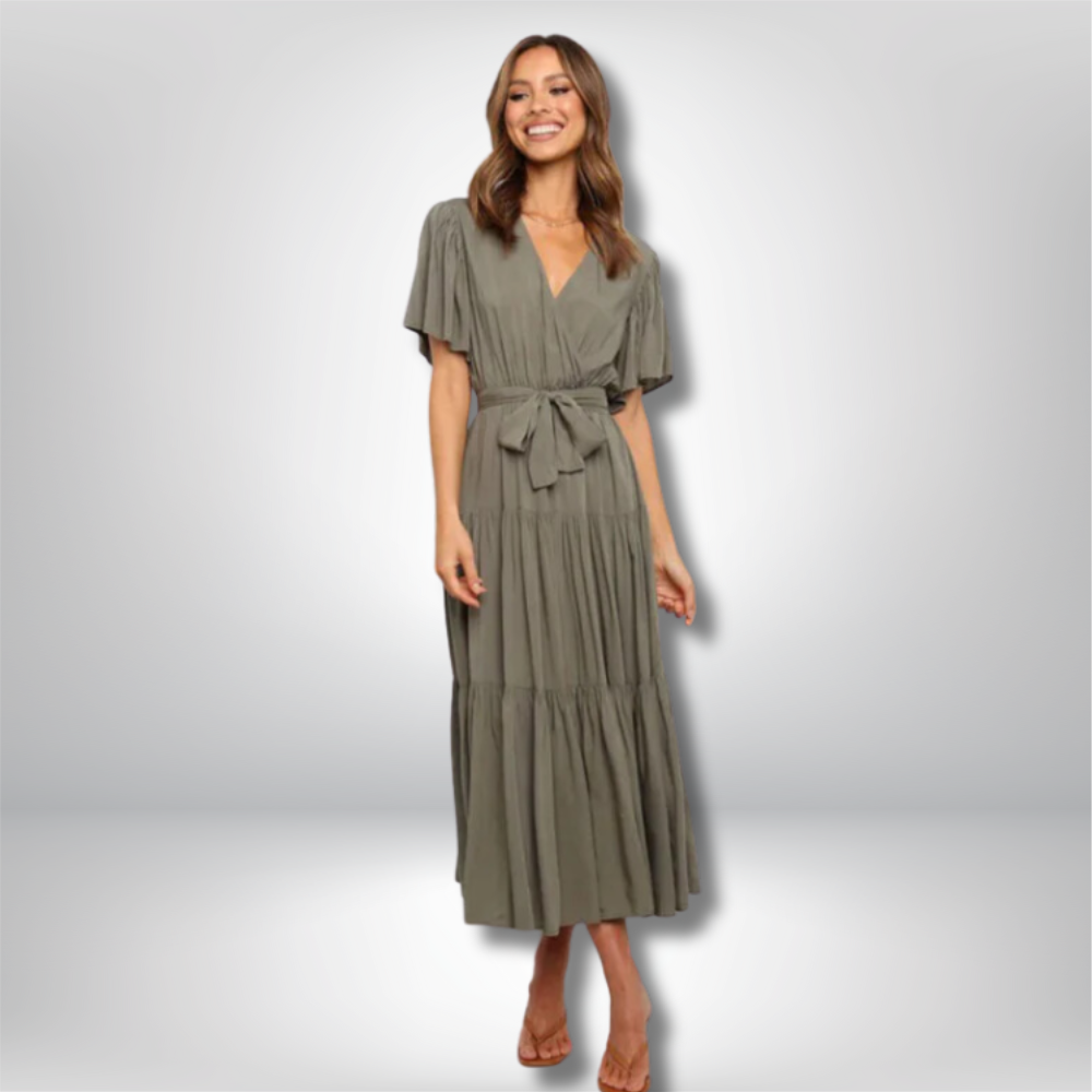 Chic Bohemian Midi Dress with V-Neck and Flowy Tiered Skirt