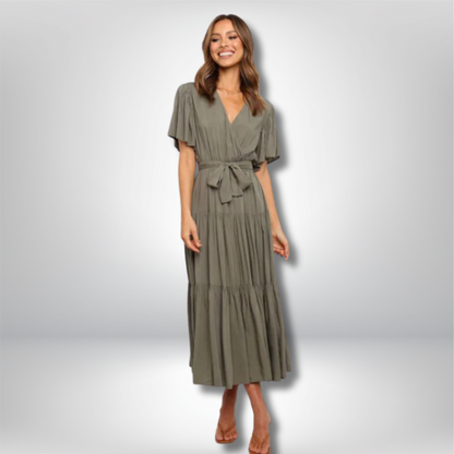 Chic Bohemian Midi Dress with V-Neck and Flowy Tiered Skirt