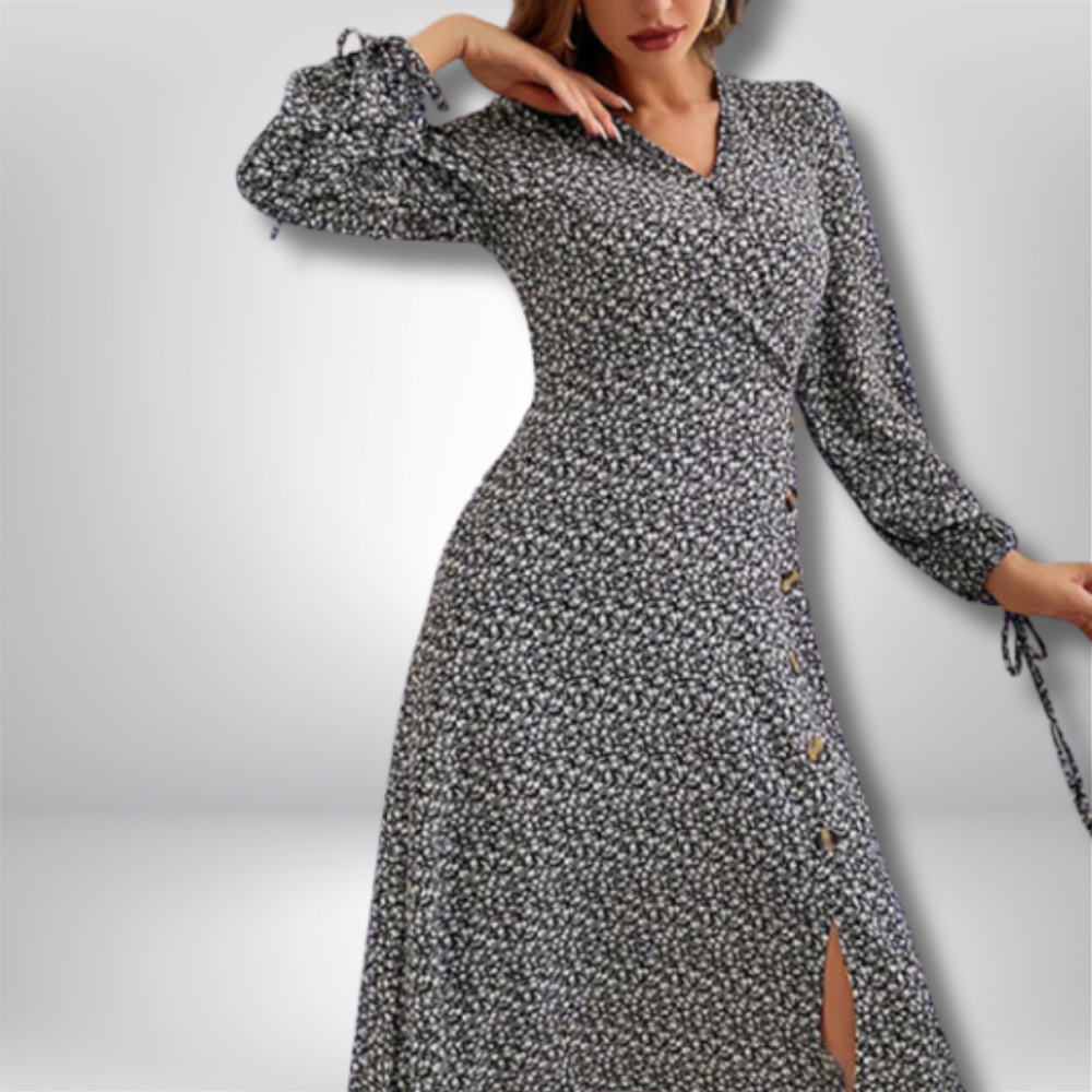 Elegantly Chic Elsa Floral V-Neck Dress with Stylish Button-Down Slit Detail