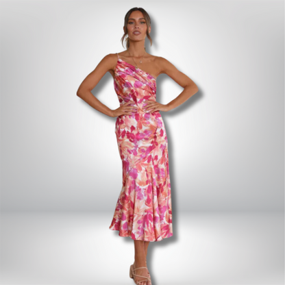 Enni - Stunning Asymmetrical Floral Midi Dress with Elegant Fishtail Hem