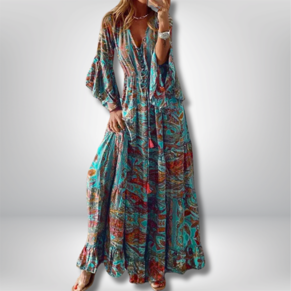 Boho Chic Maxi Dress by Erja – Stunning Paisley Print and Elegant Trumpet Sleeves