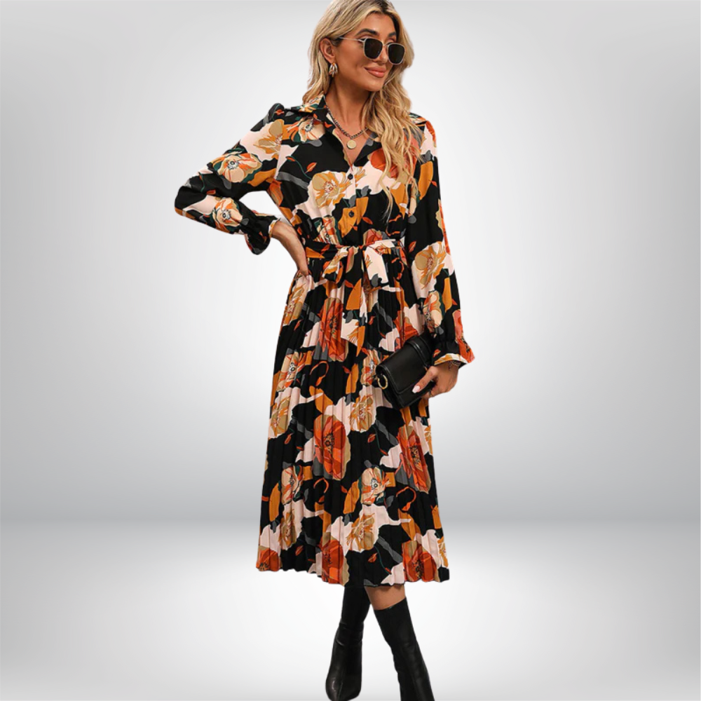 Aamu - Chic Floral Midi Dress with Pleated Design and Stylish Tie Waist