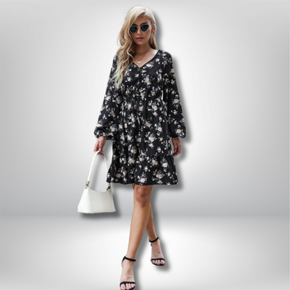 Felicia - Stunning Floral V-Neck Mini Dress with Long Sleeves and Figure-Flattering Cinched Waist