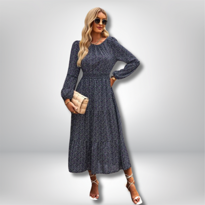 Siv - Elegant Floral Midi Dress with Tiered Skirt and Flattering Fitted Waist